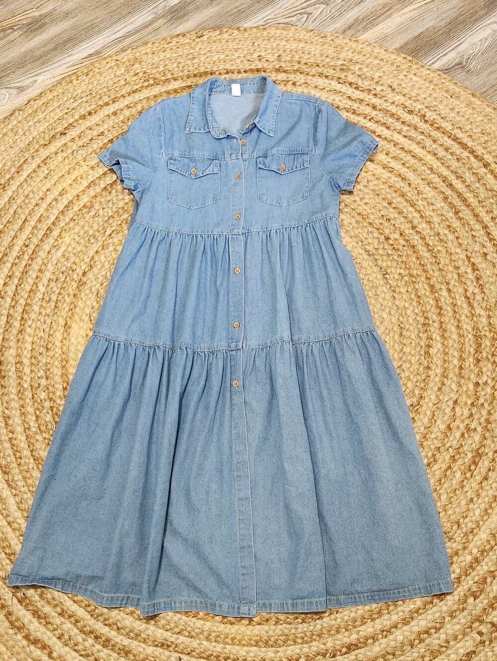 Cy Chambray Ruffle Tiered Midi Dress Women M Cottage Boho Lagenlook Short Sleeve - Picture 5 of 12